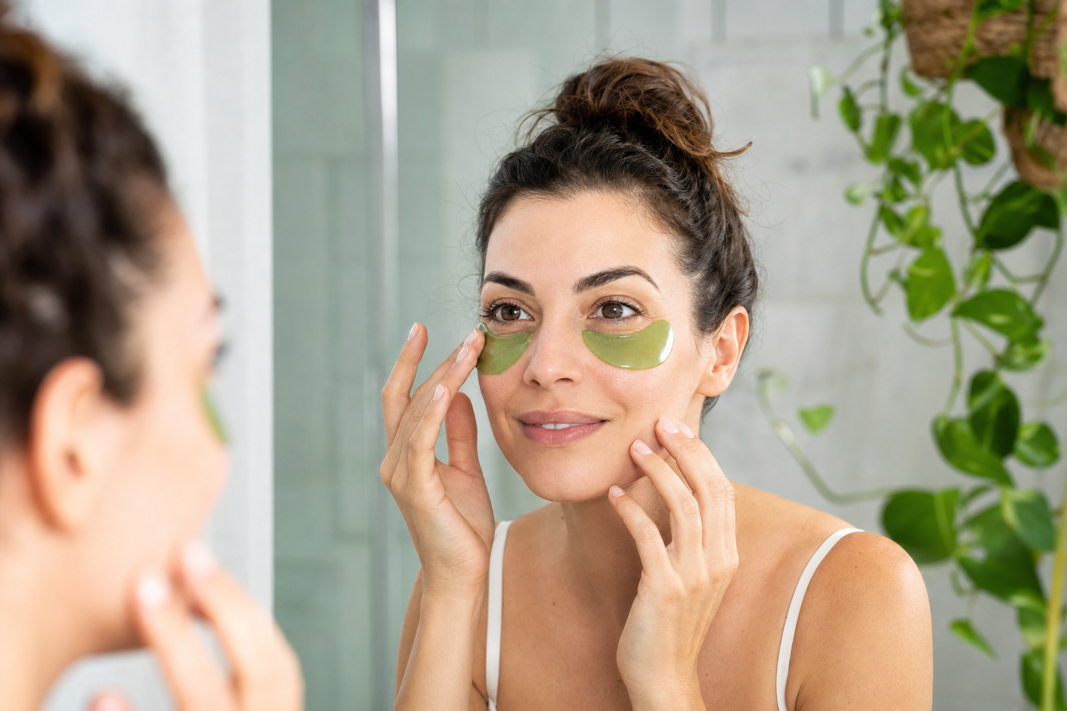 Donna che applica patch oculari al contorno occhi